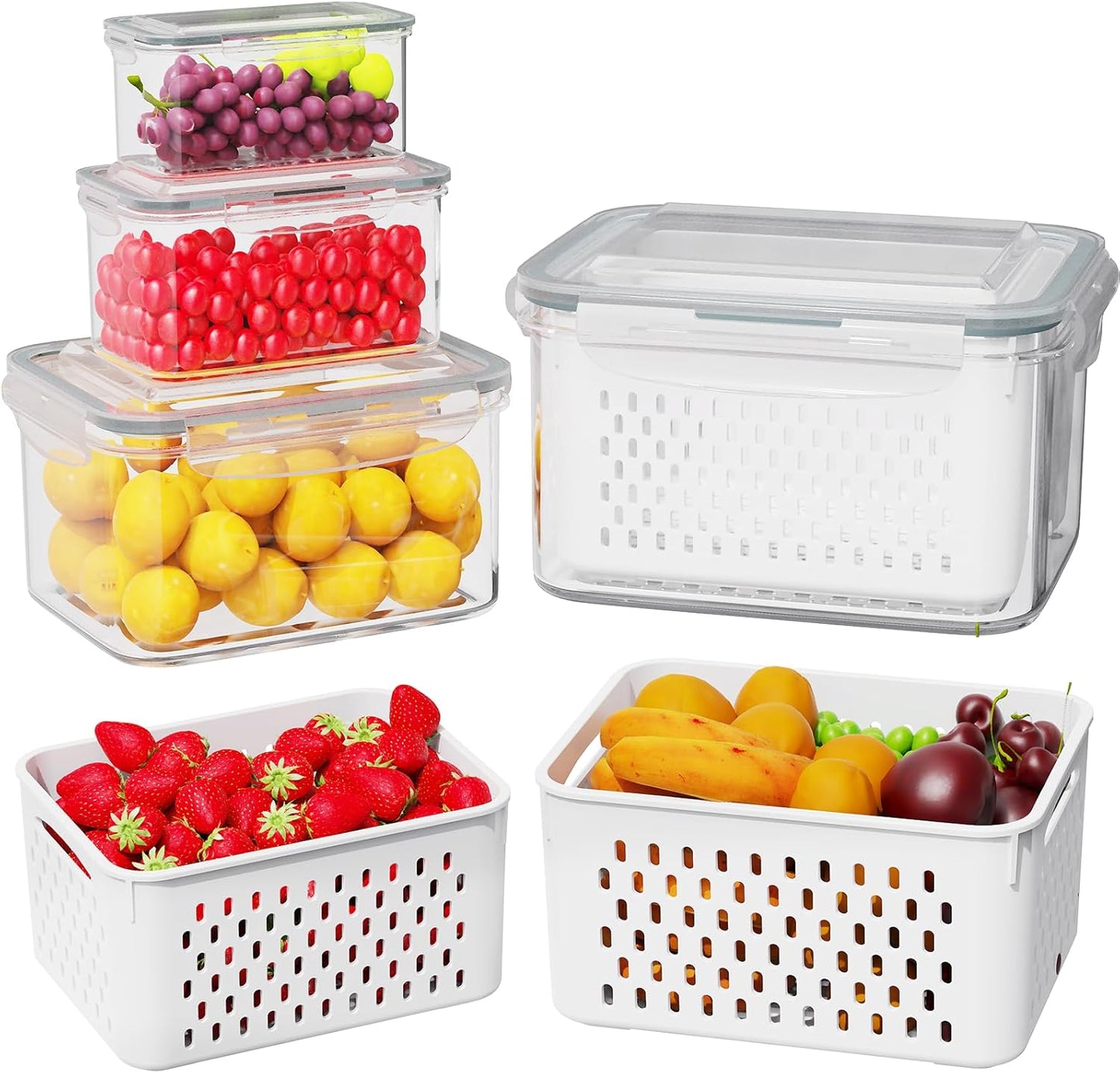 4 Recipientes Almacenamiento Frutas con Cesta Drenaje