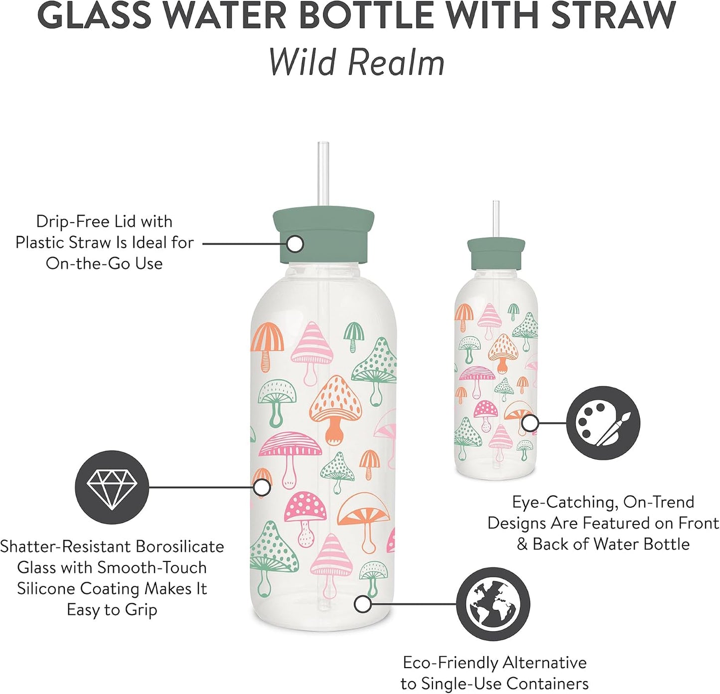 Botella agua vidrio con pajilla 25oz reutiliz.