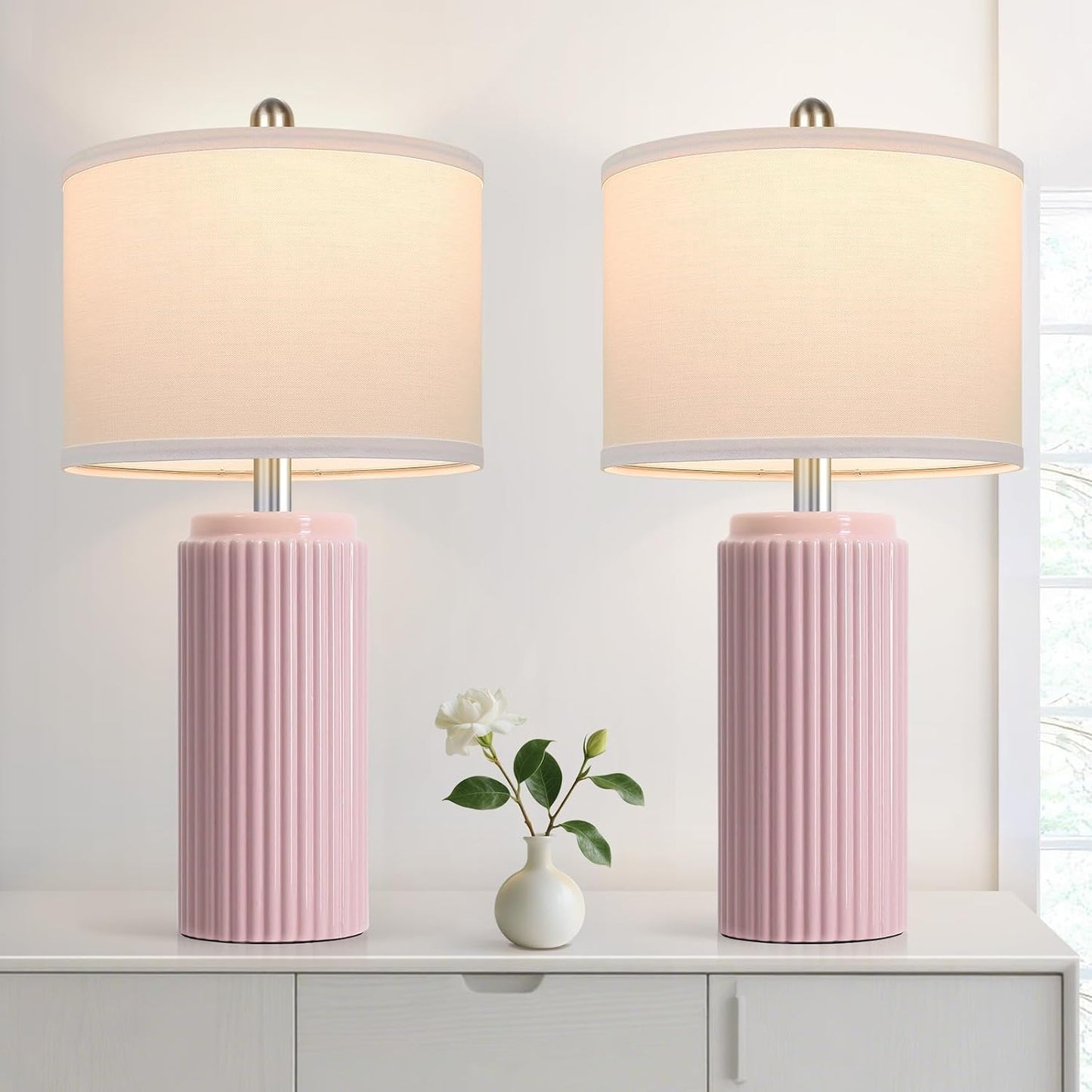 2 Lámparas Mesa Cerámica Rosa Moderna 23.5pulg Niñas