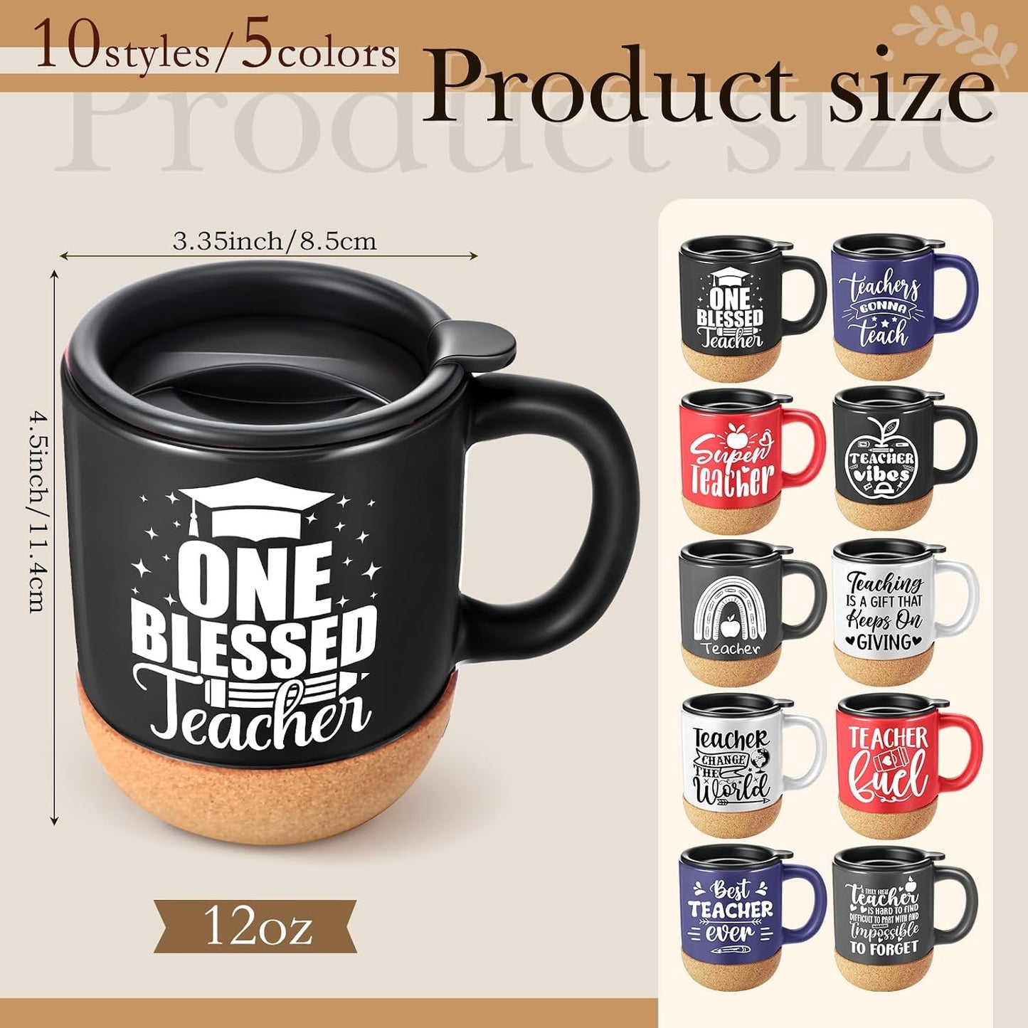 10 Pzas Tazas Cerámica 12oz con Tapa y Base