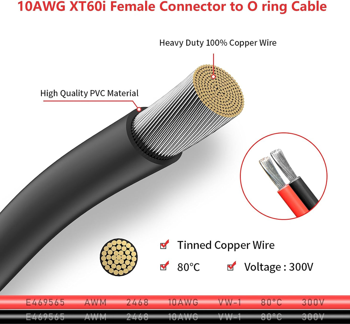Cable anillo tórico XT60i 10AWG para batería RC y solar