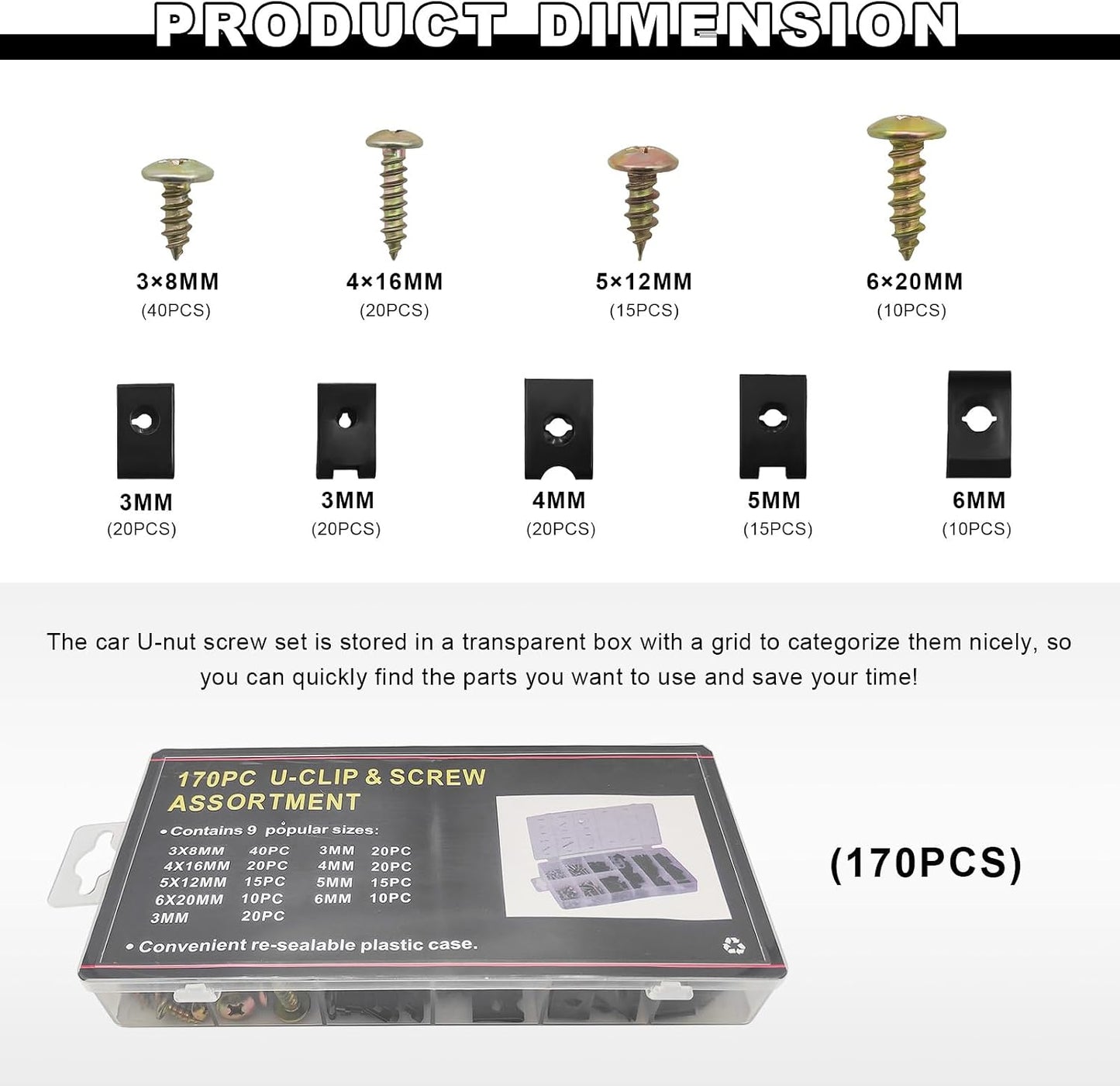170 Pzas Clips U Automotriz con Tornillos 9 Tamaños