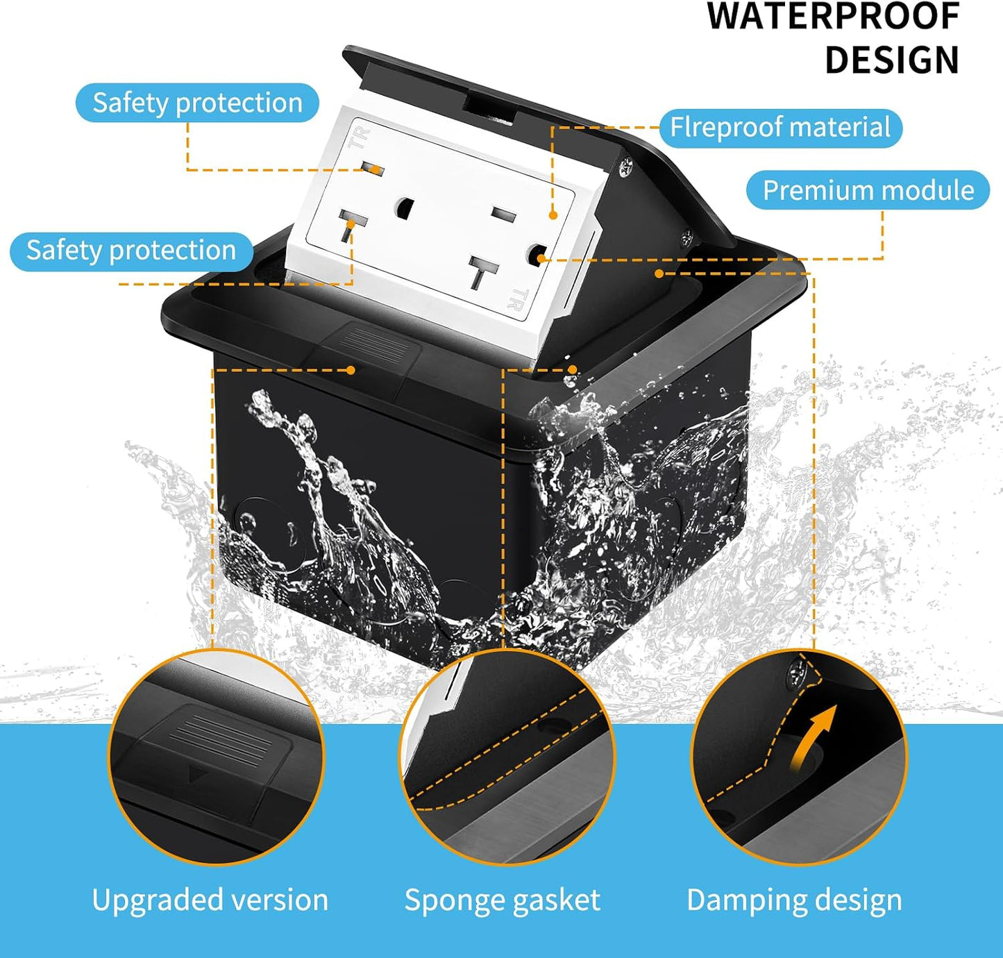 Caja emergente suelo impermeable 20A cert UL negro set 2