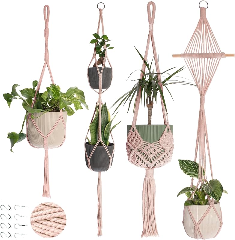 4 Colgadores Macramé con 8 Ganchos para Plantas