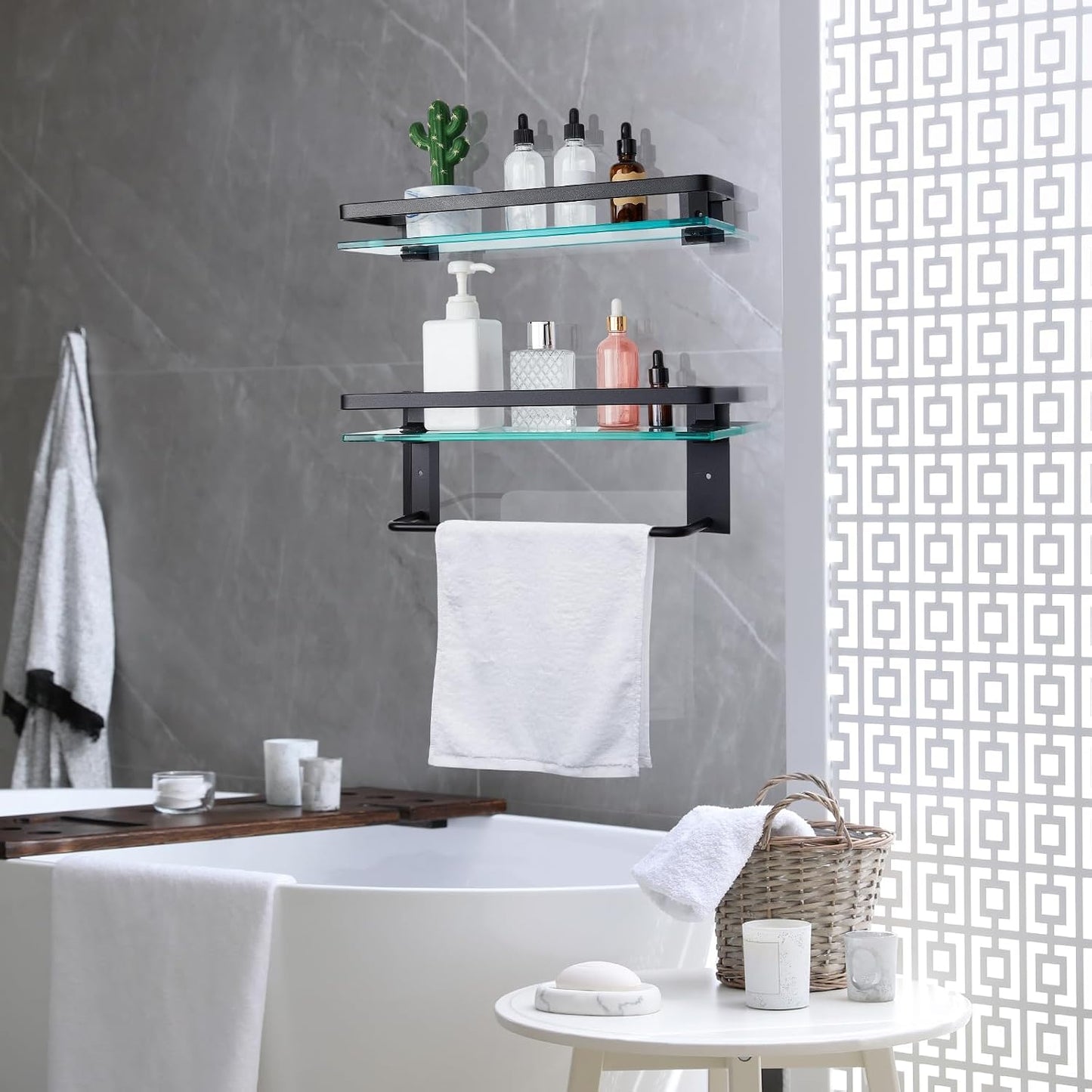 2 Pzas Estante Baño Vidrio con Barra 15.7x4.7" Negro