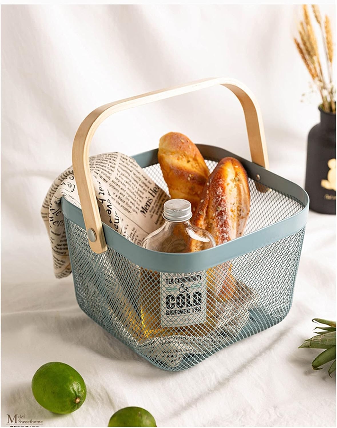 Cesta malla acero colgante cocina baño picnic con mango bambú