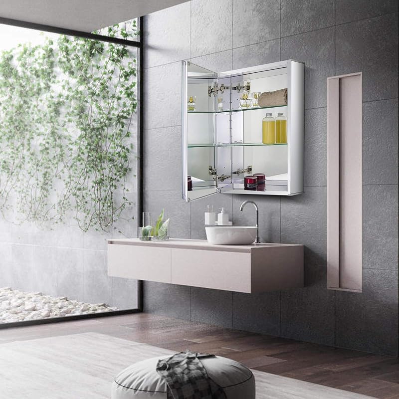 Botiquín aluminio baño puerta espejo doble 15x24" plateado