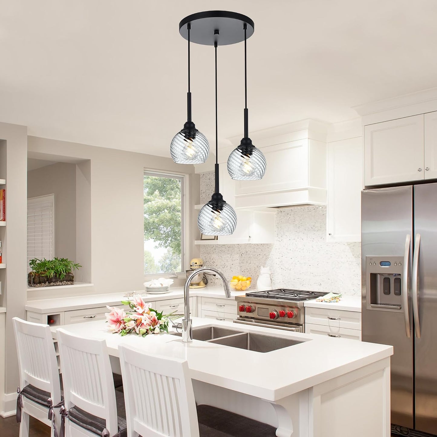 Lámpara colgante racimo 3 luces negro vidrio cocina