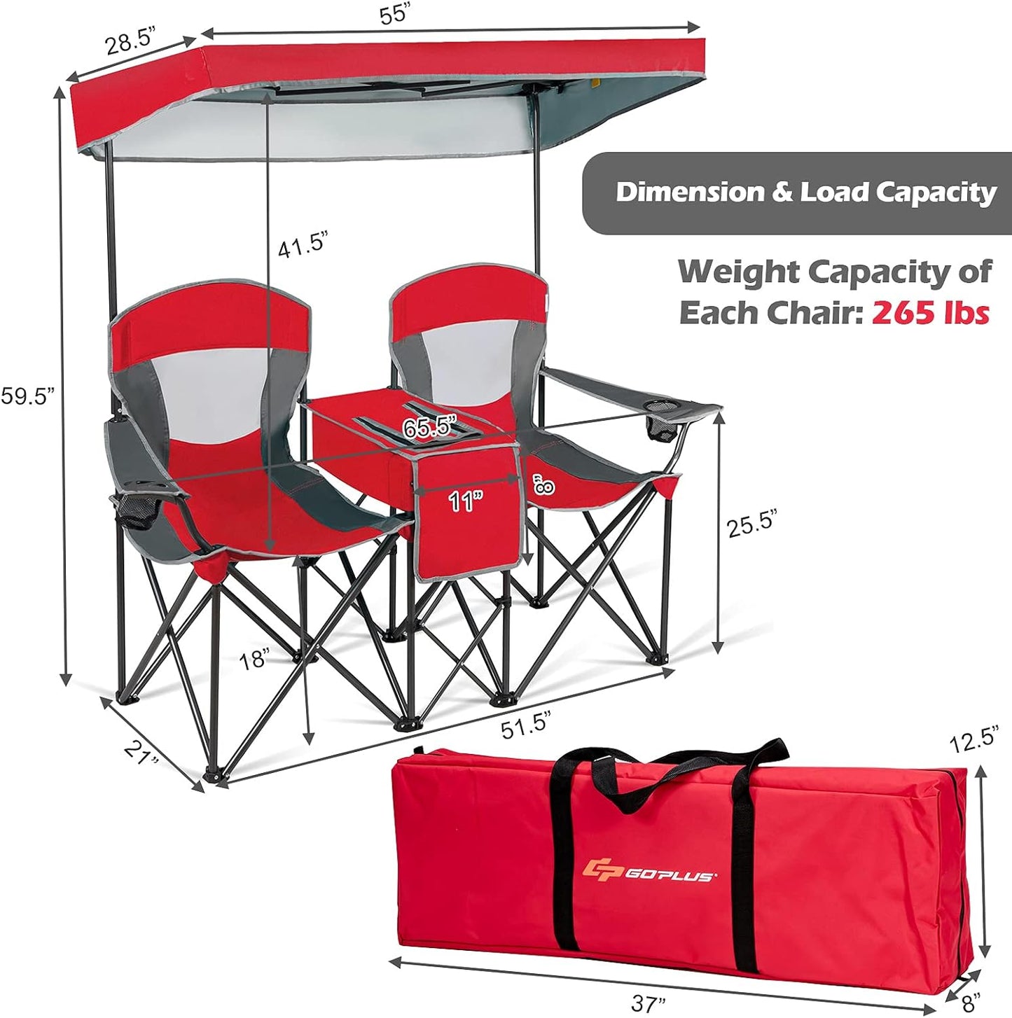 Asiento campamento doble con toldo mesa bebidas silla