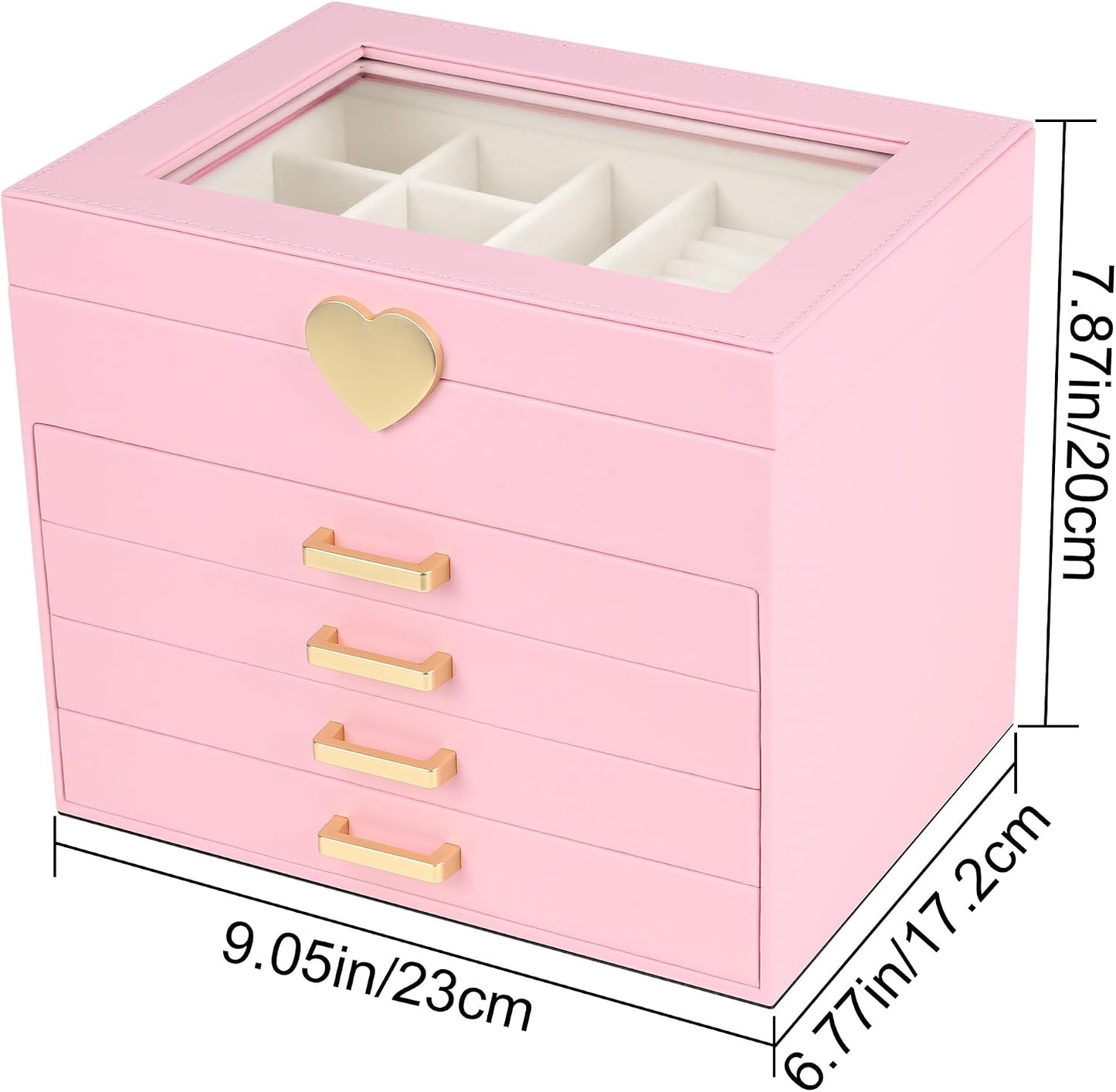 Caja joyas 5 capas piel sintética corazón con tapa vidrio