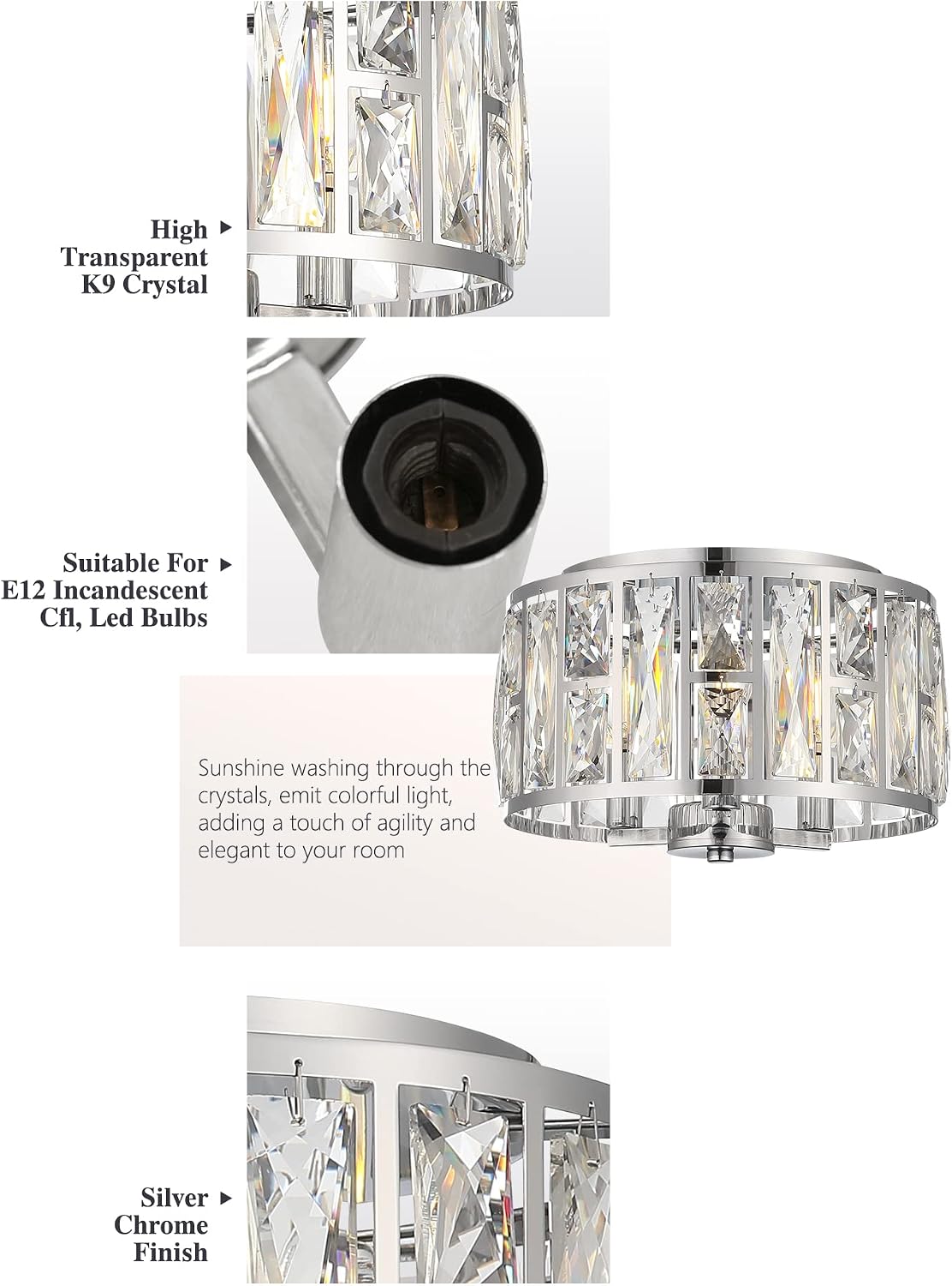 Lámpara techo cristal 12" 3 luces moderna dormitorio