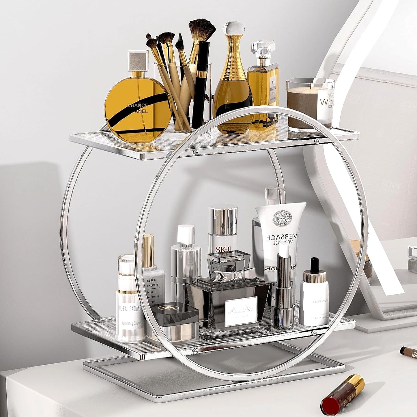 Organiz. perfumes y maquillaje plateado 2 niveles