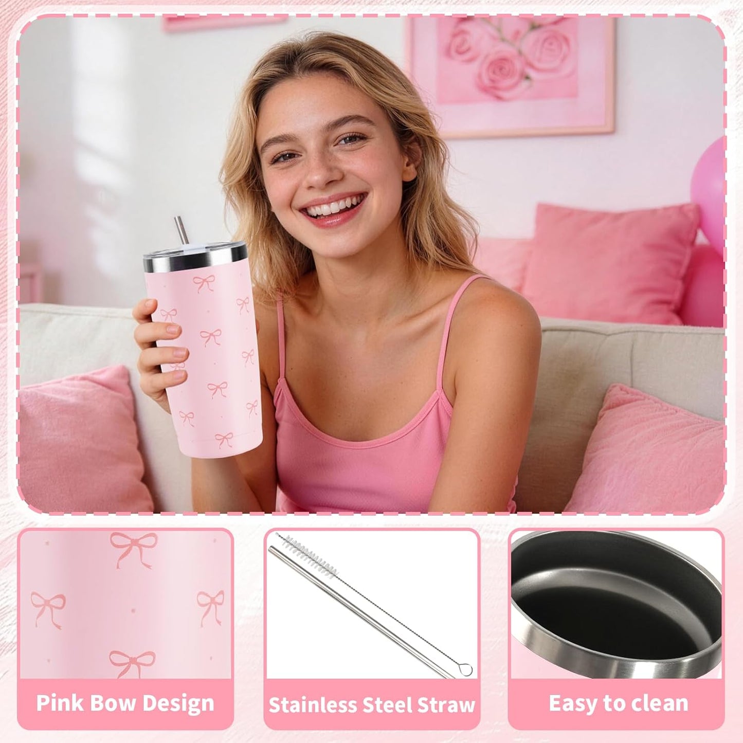 Vaso térmico acero inox con lazo rosa para mujer