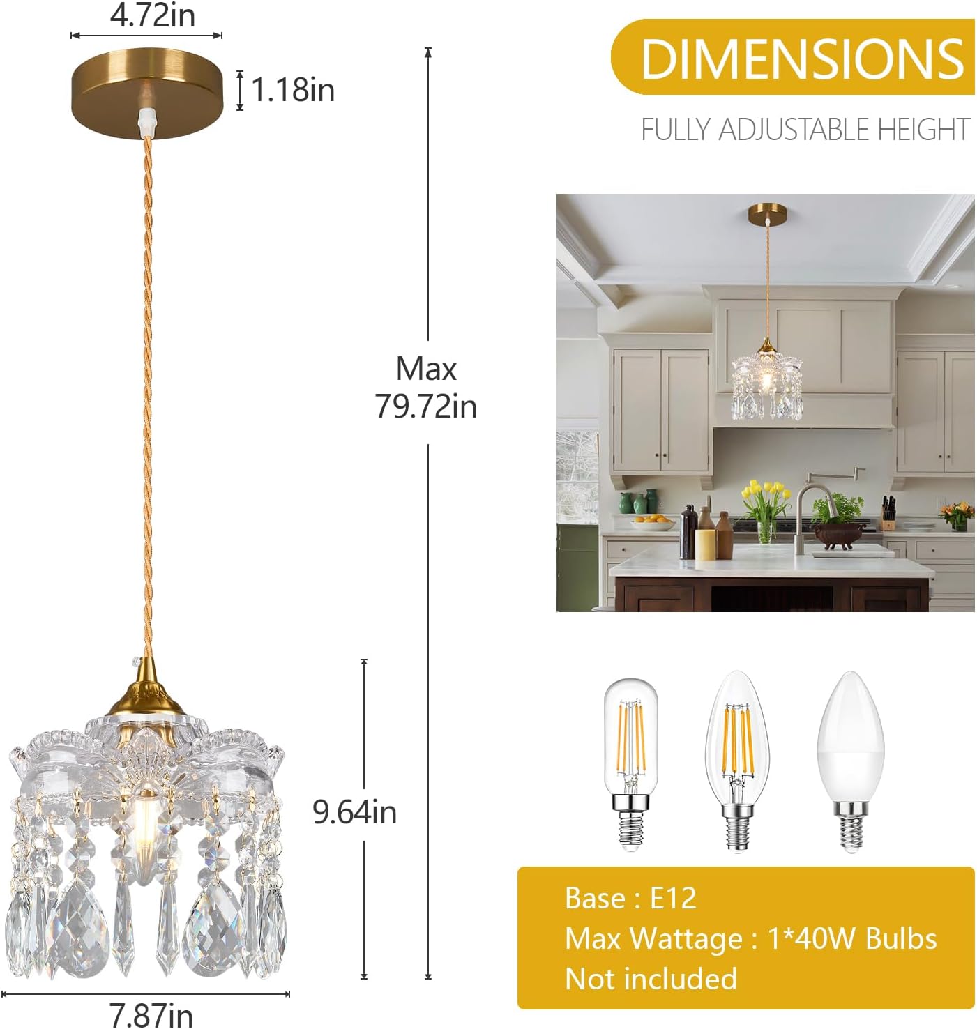 Lámpara colgante cristal latón ajustable pack 2