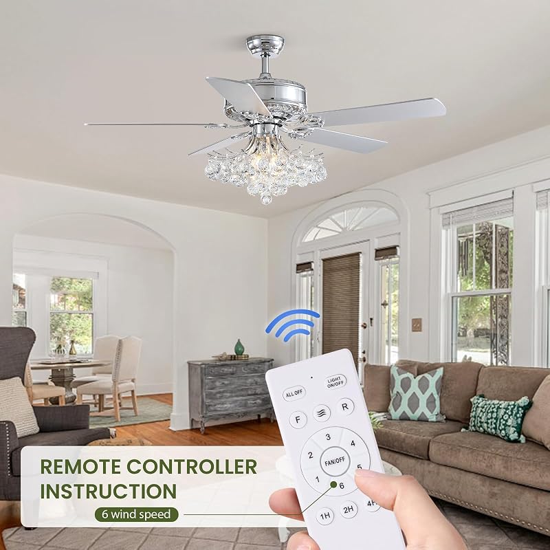 Ventilador techo 52" luz control remoto candelabro cristal