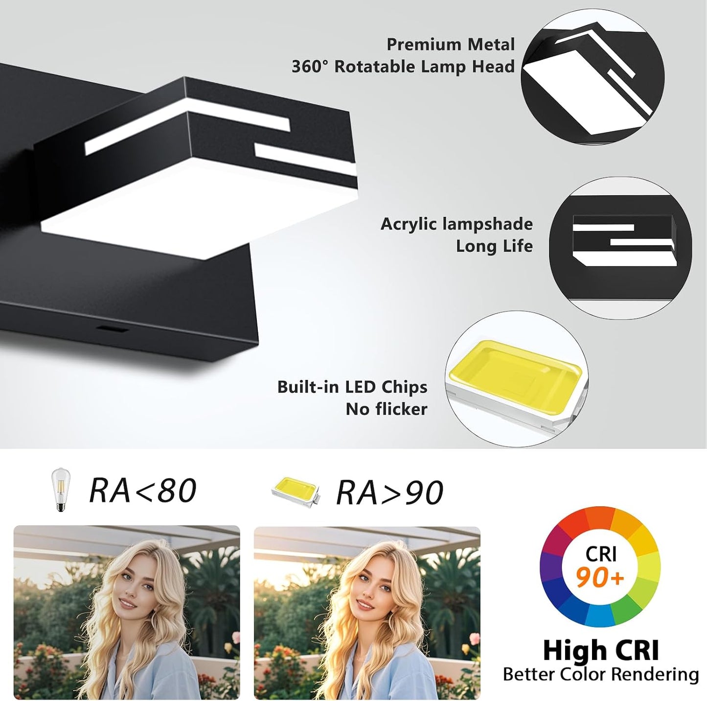 Lámpara LED baño 3 luces negro mate giratorios
