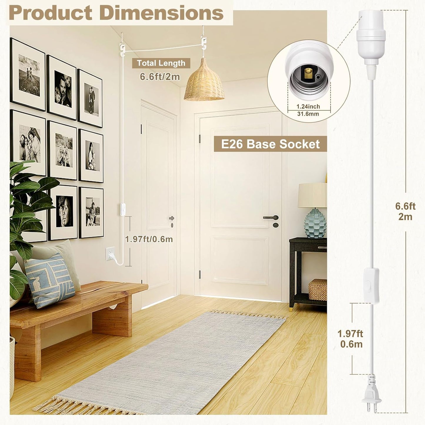 Cable extensión lámpara E26 con interruptor 6.6pies blanco