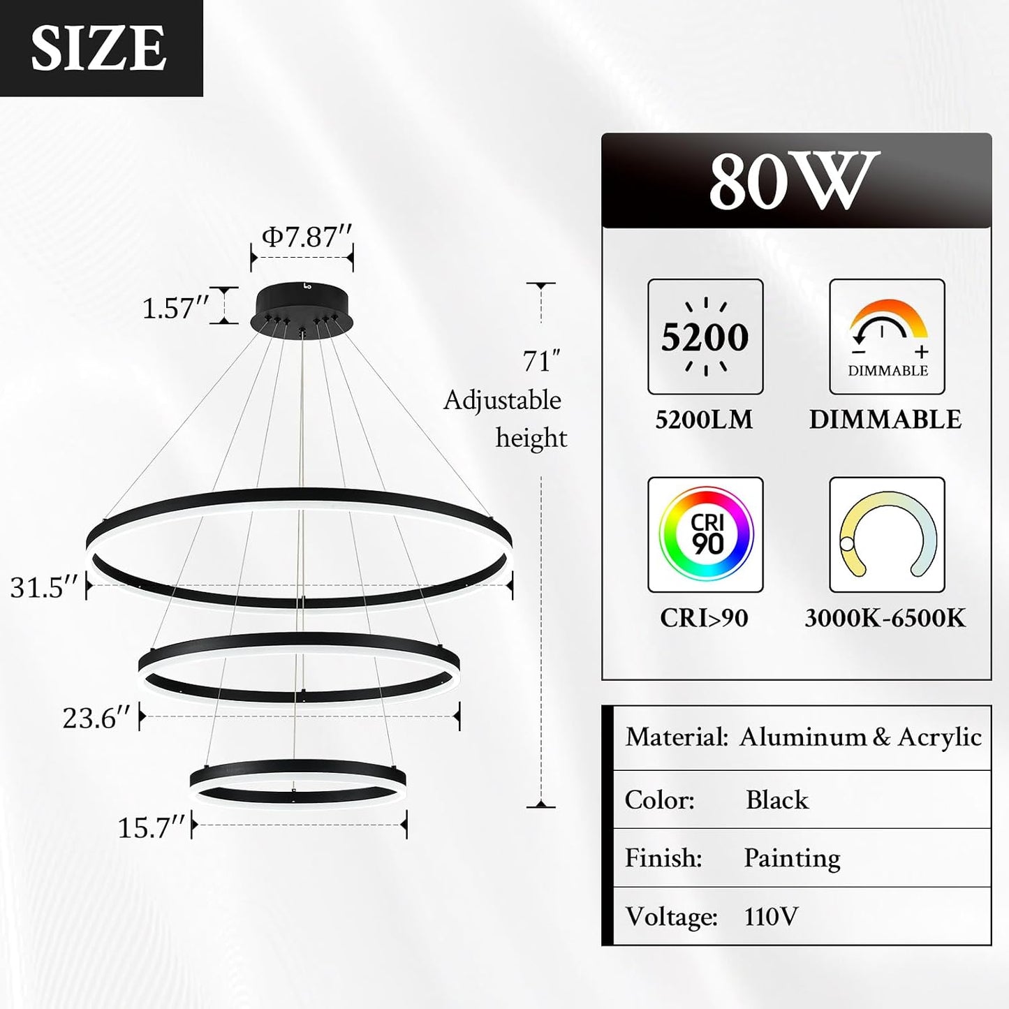 Candelabro LED 3 anillos negro regulable con control remoto