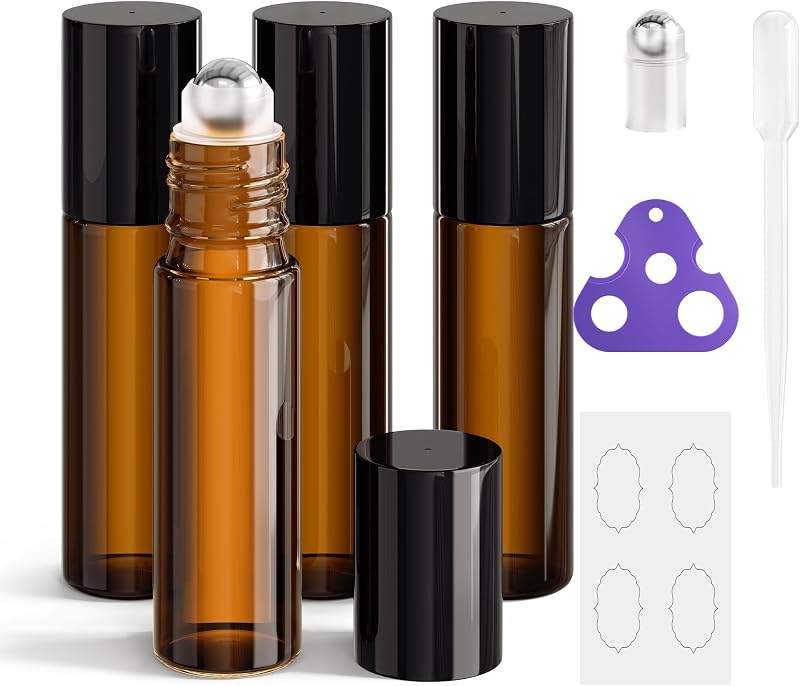 4 Botellas Vidrio Ámbar 0.3oz con Rodillo Acero Inox