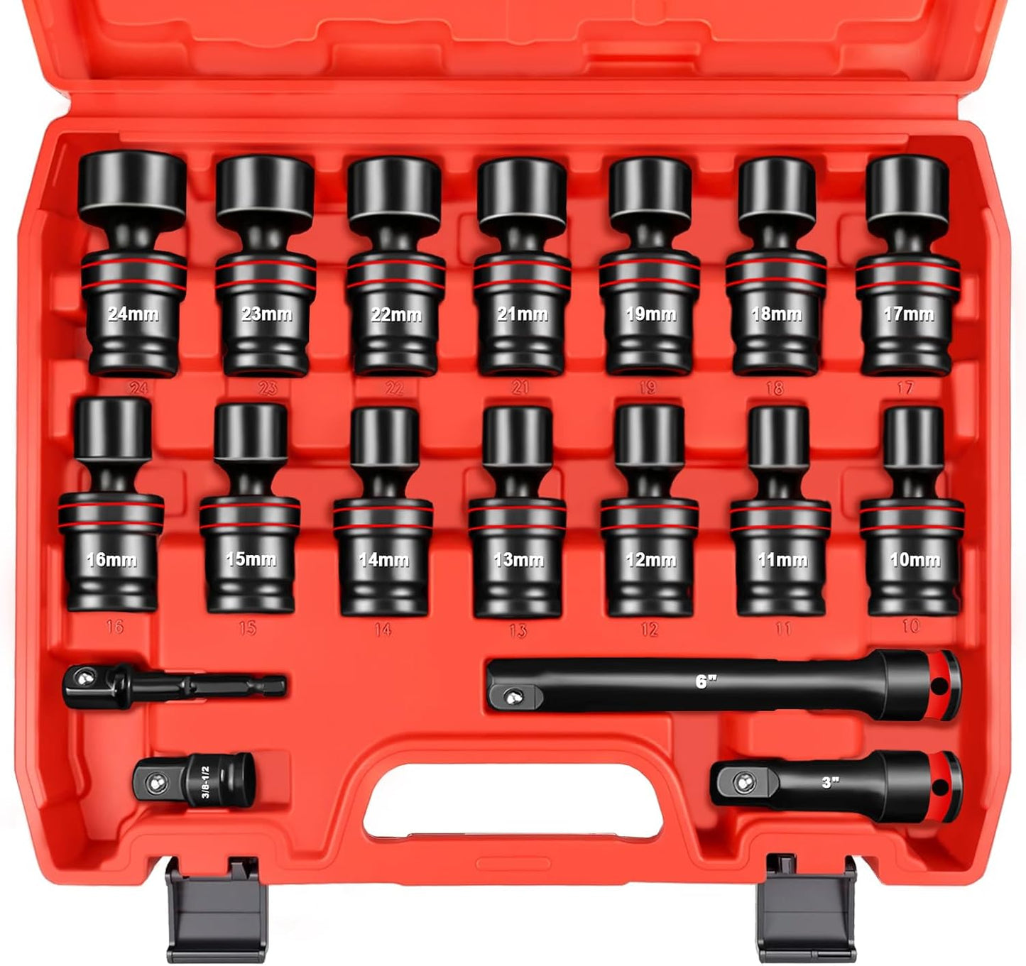 Set 18 Pzas Llaves Vaso 1/2pulg Giratorias Métricas 10-24mm