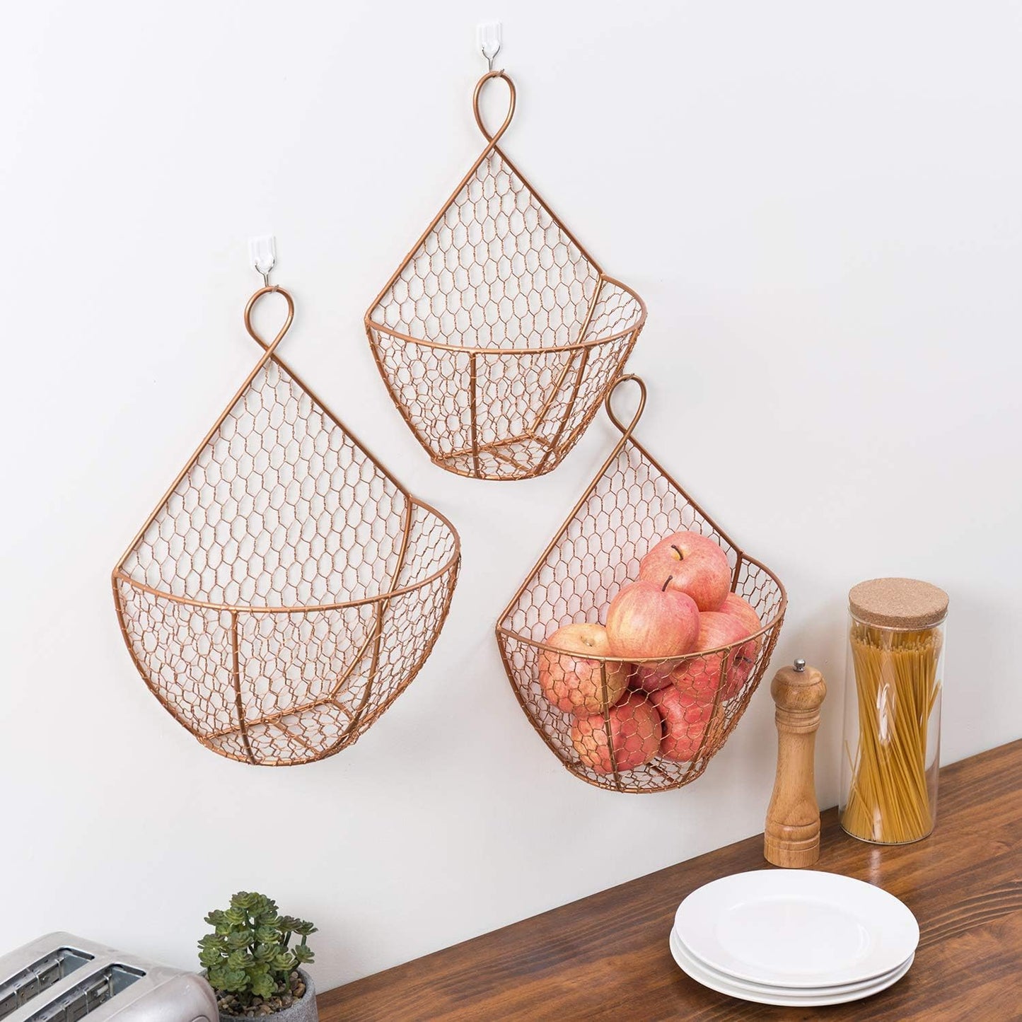 3 Pzas Cestas Malla Alambre Cobre para Colgar en Pared