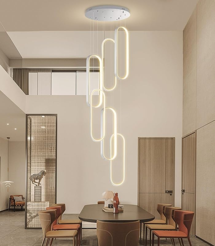 Candelabro LED 6 anillos colgante techo alto plateada