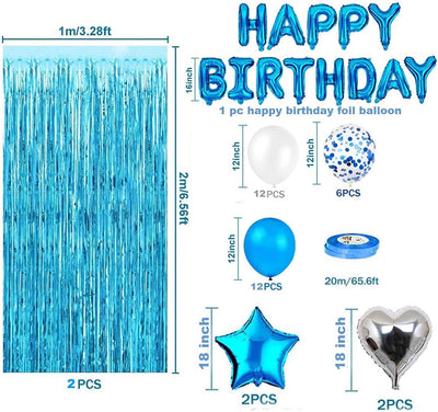 Juego decoración cumpleaños azul 38 globos confeti cortinas flecos