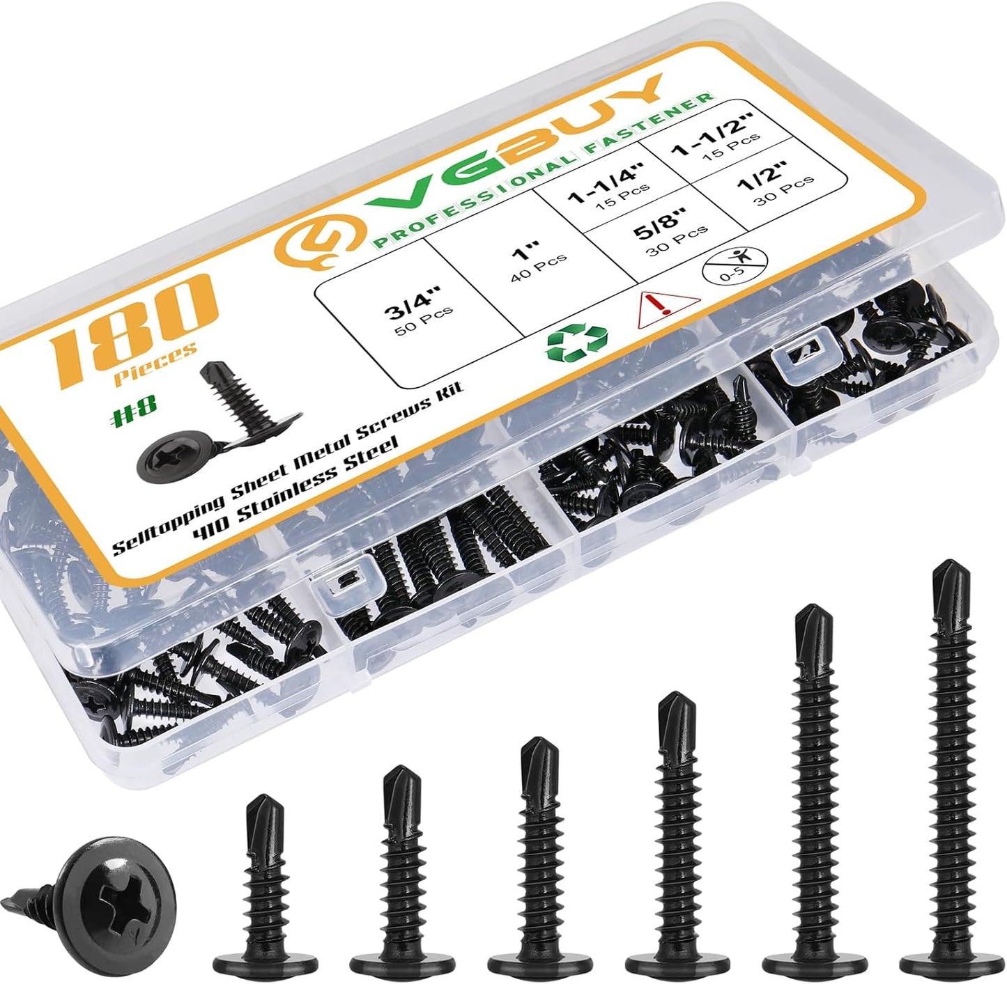 Kit 180pcs autorroscantes #8 acero inox 6 tamaños