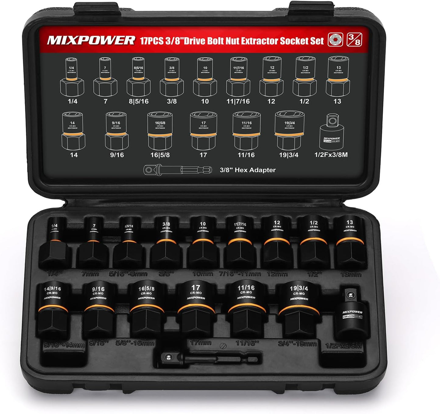 Set 17 Pzas Dados Extracción 3/8pulg Acero CR-MO