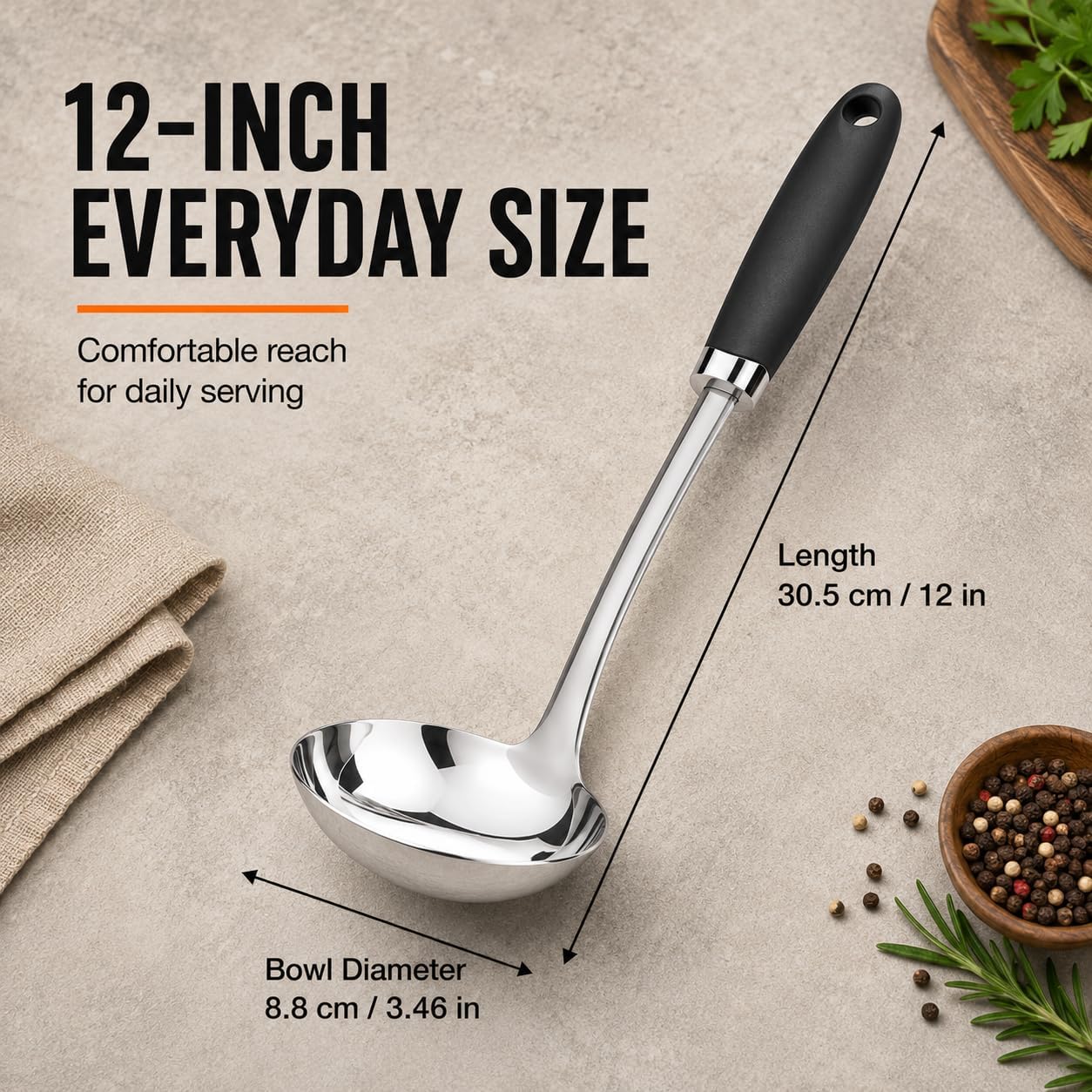 Cucharón acero inox 12pulg mango ergonómico para sopa guiso