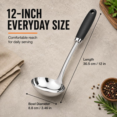 Cucharón acero inox 12pulg mango ergonómico para sopa guiso