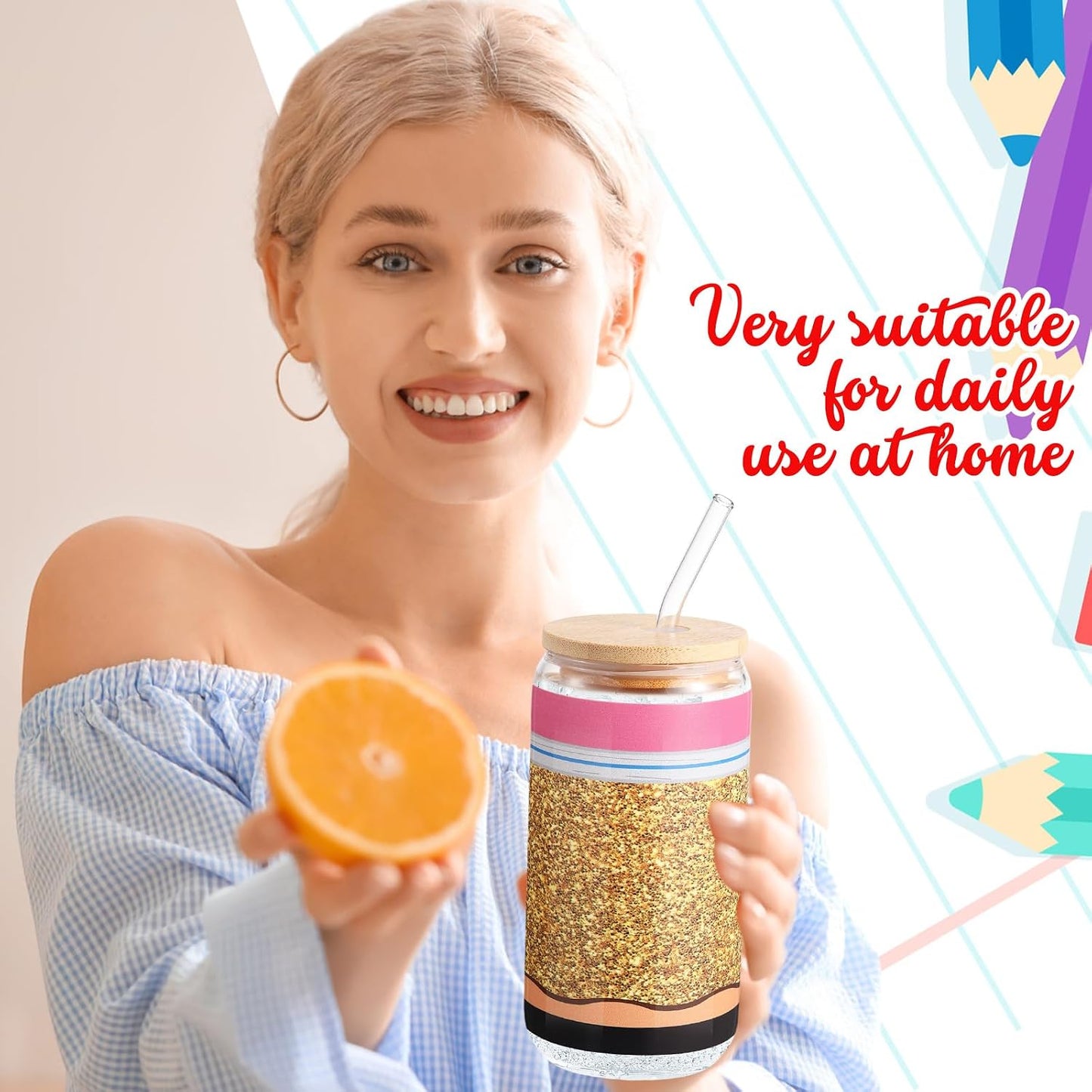 Set 4 vasos vidrio 16oz con tapas y pajitas para regalos