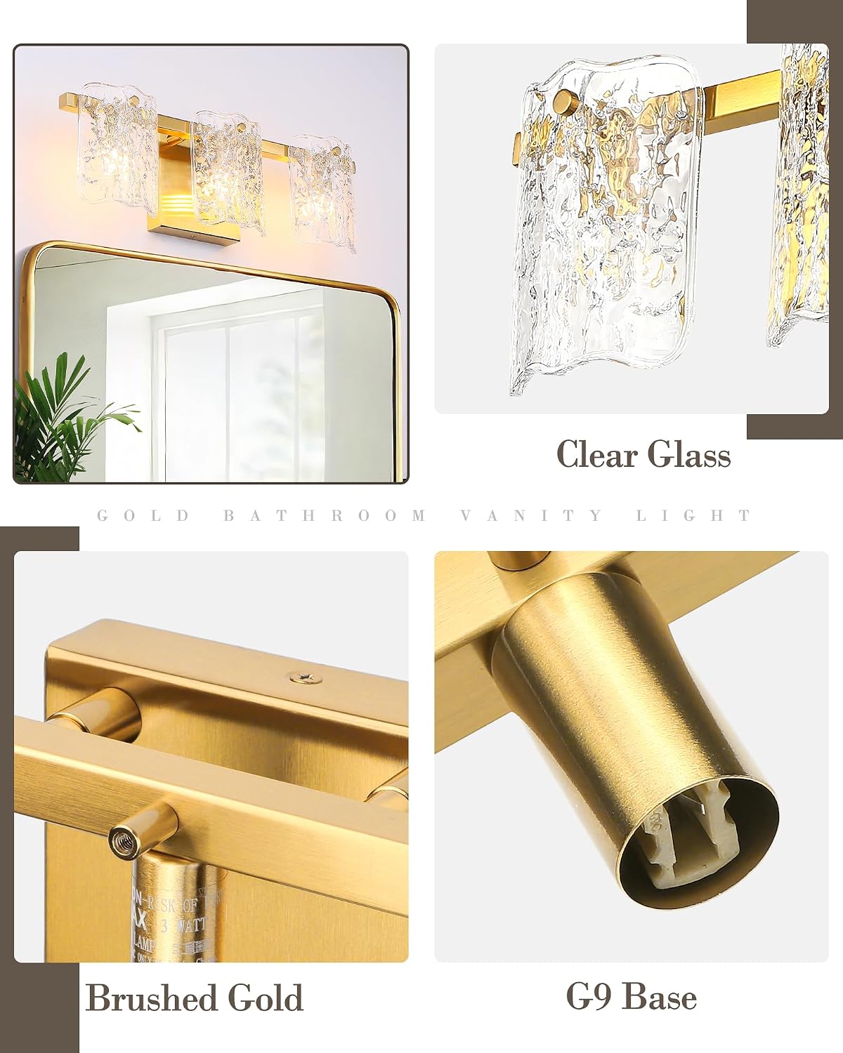 Lámpara baño 3 luces sobre espejo oro cepillado moderna