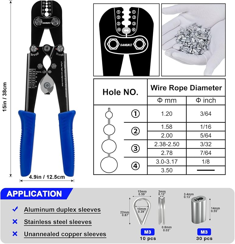 Kit herramienta crimpado alambre acero inox 33pies 1/8