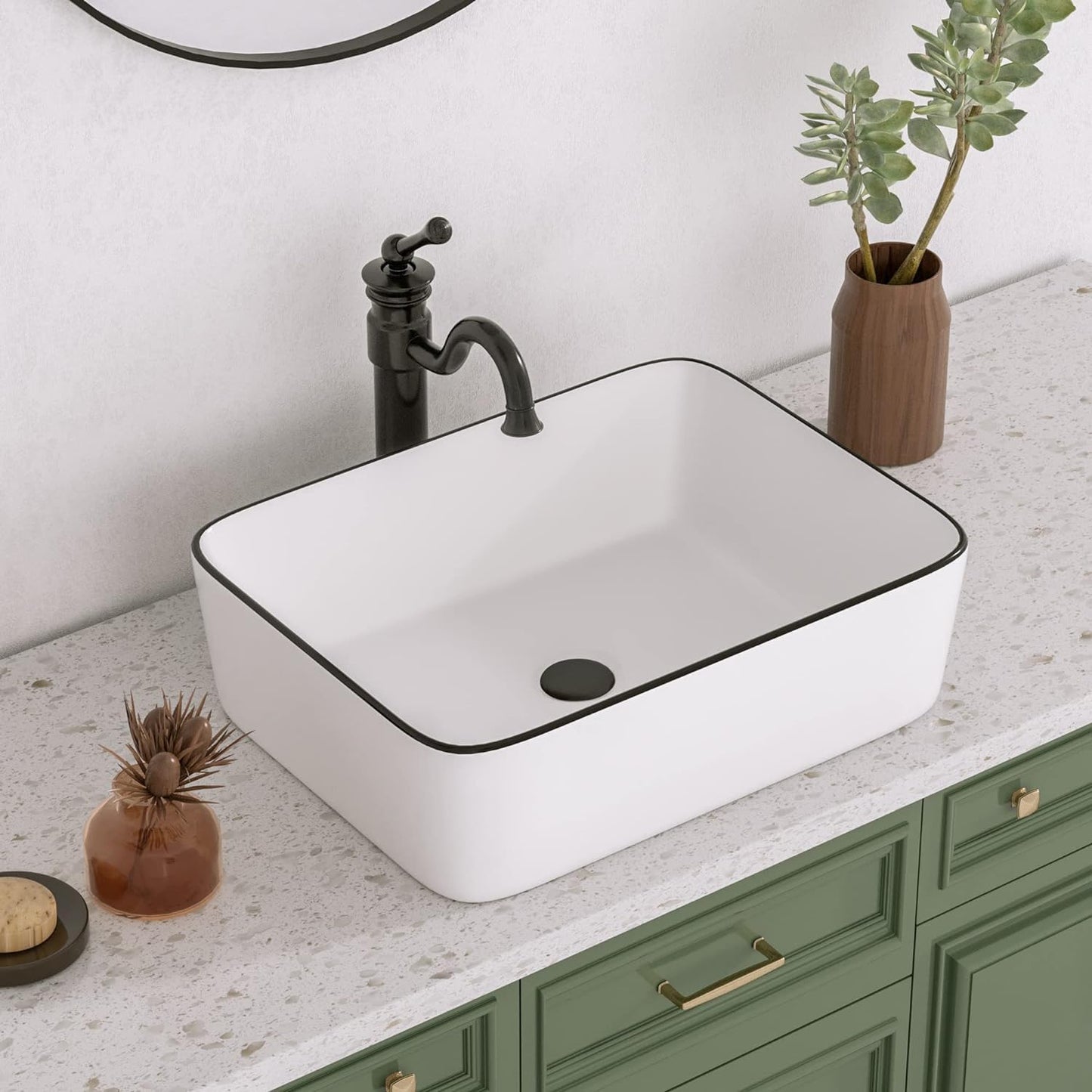 Lavabo Vessel Rectangular 19x15 Blano Borde Negro Cerámica