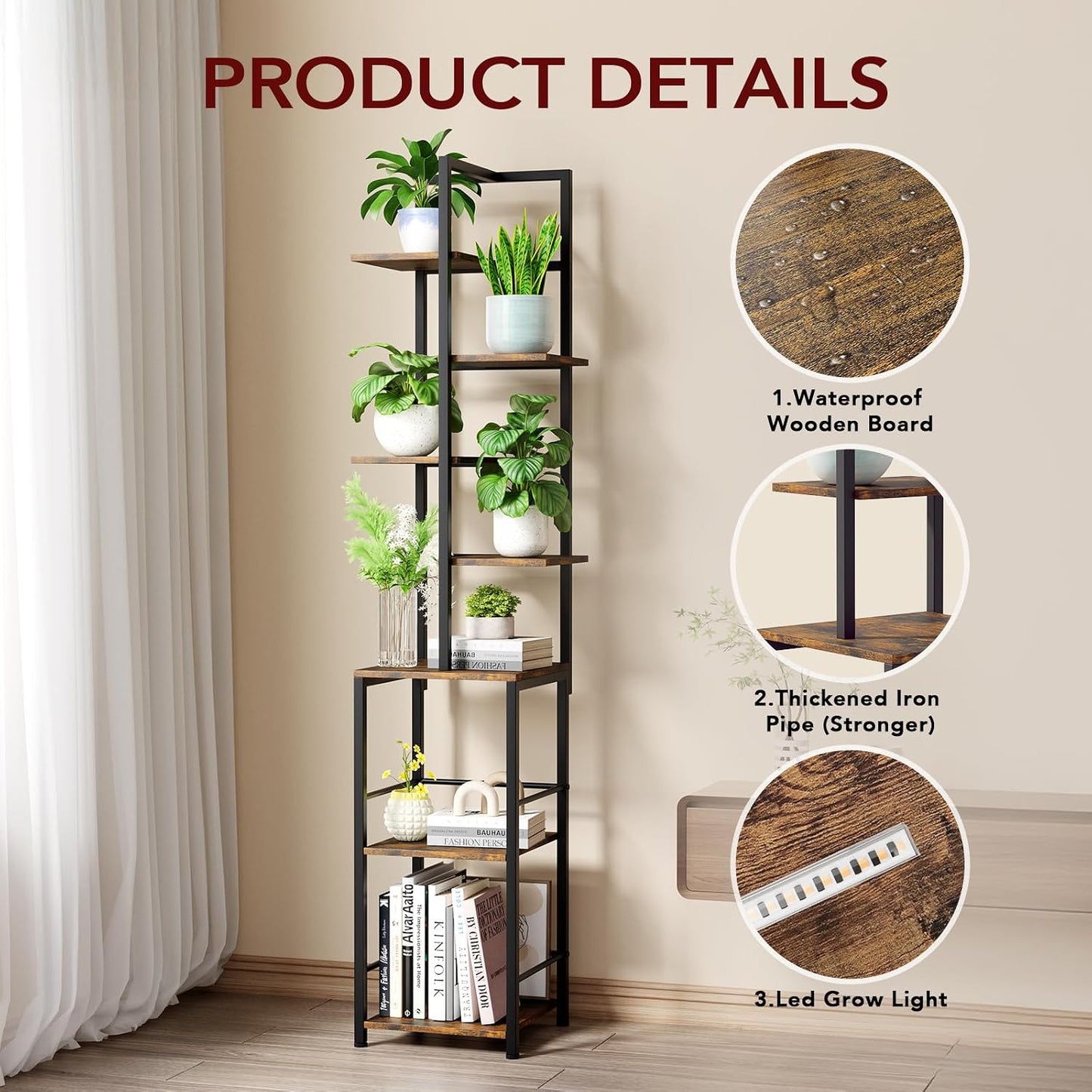 Soporte plantas interior luz crecimiento 7 niveles metal sala