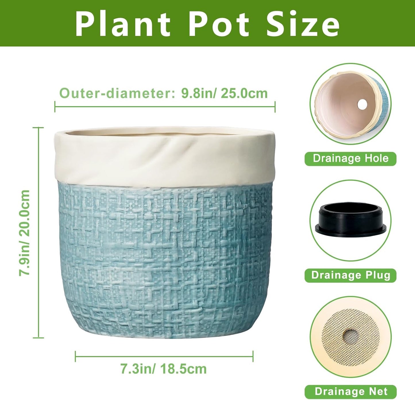 Maceta cerámica 9.8pulg con drenaje decorativa para plantas
