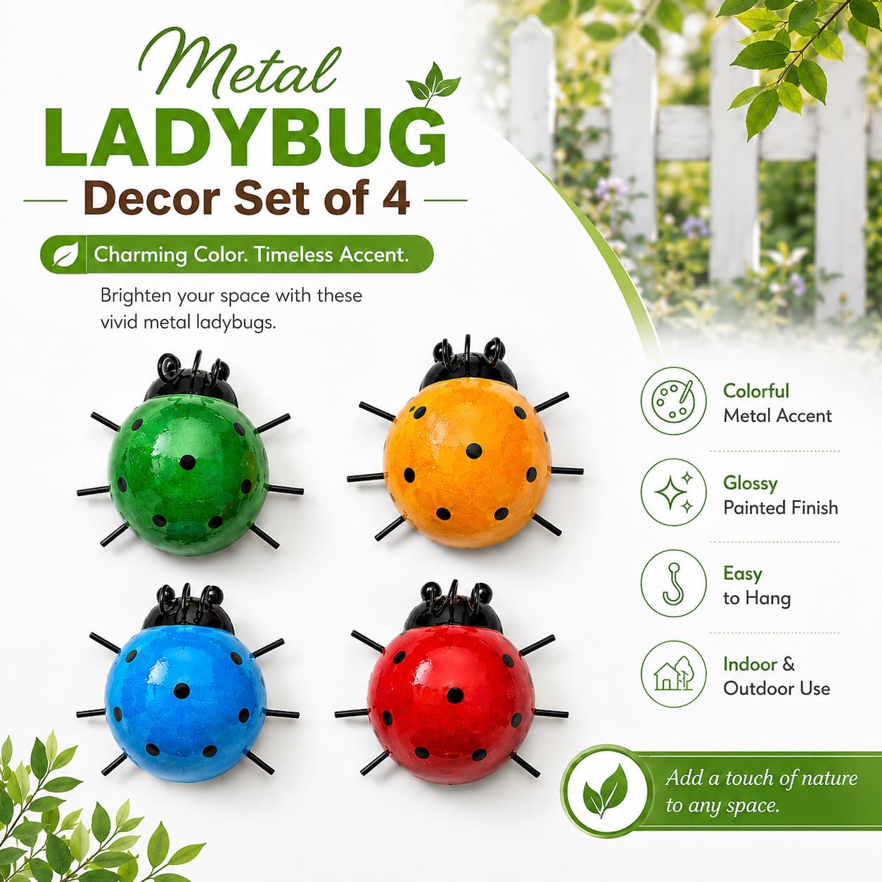 Set 4 esculturas mariquitas metal decoración valla