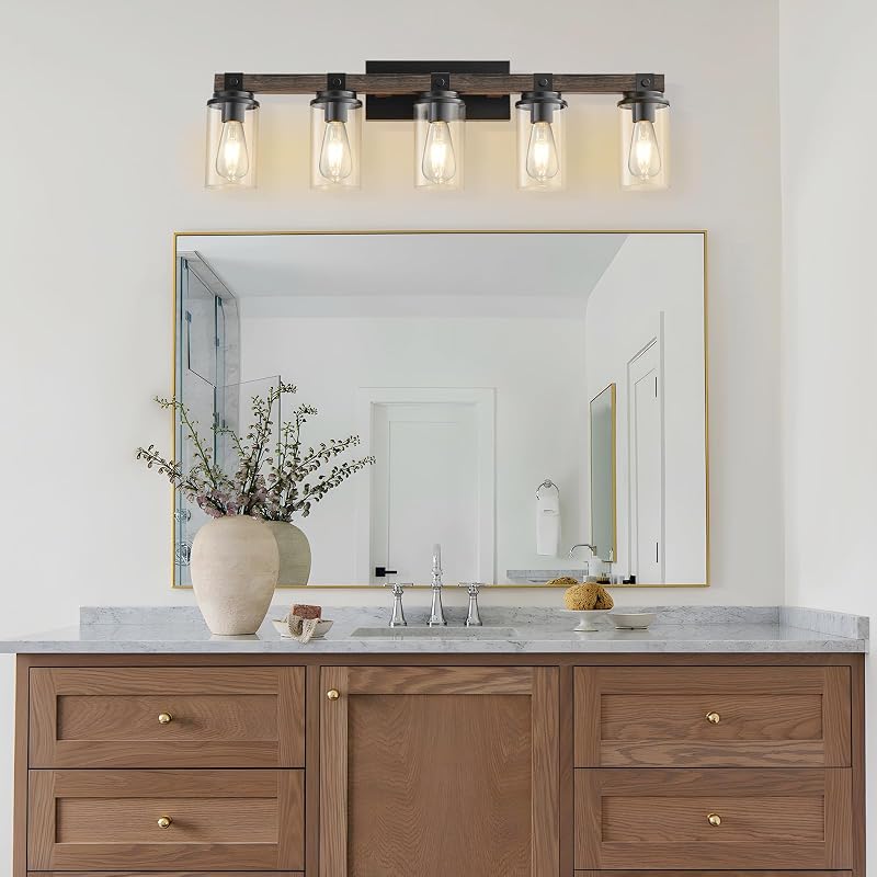 Iluminación baño 5 luces madera vidrio transparente