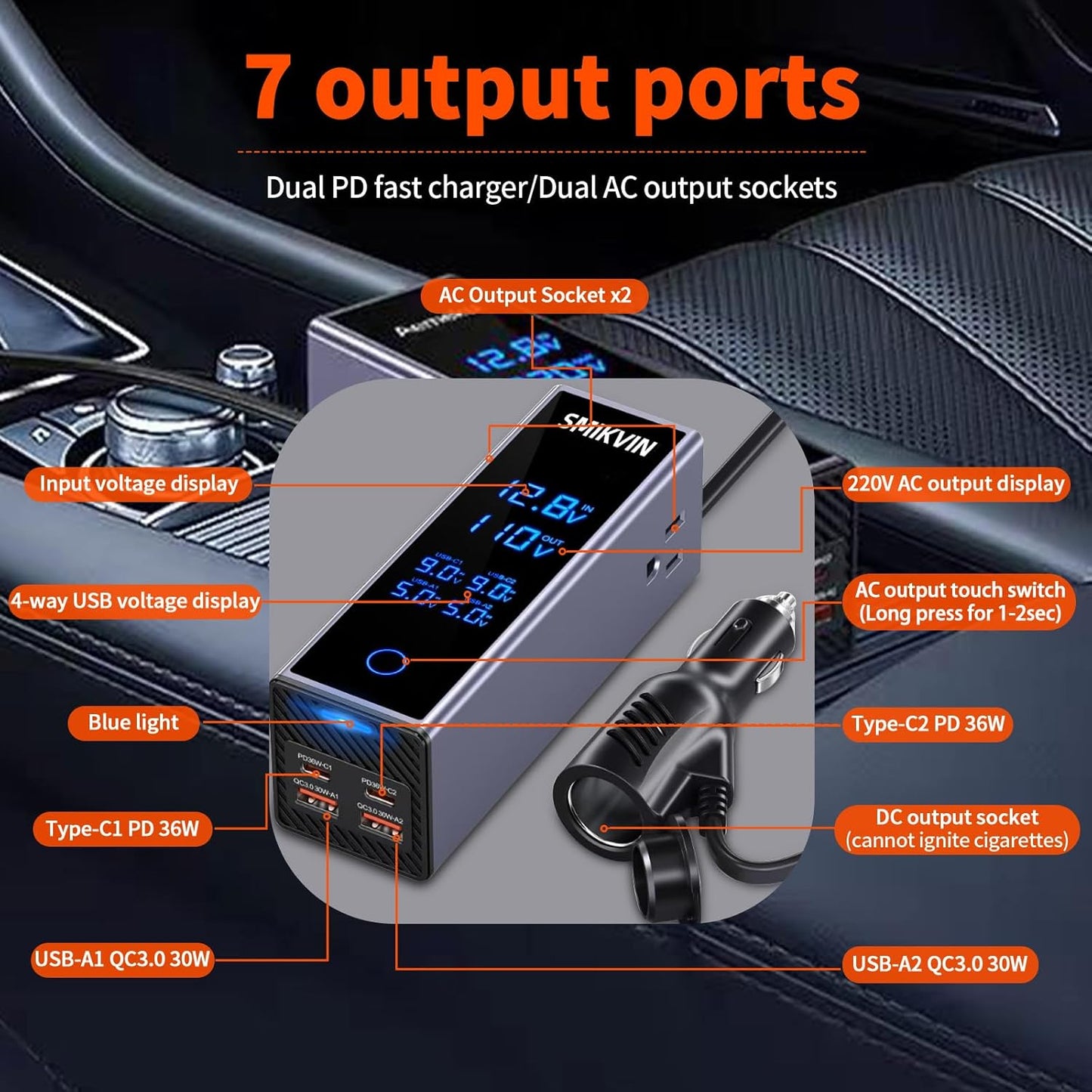 Inversor 300 W 12 V a 110 V CA con 2 salidas CA 4 USB