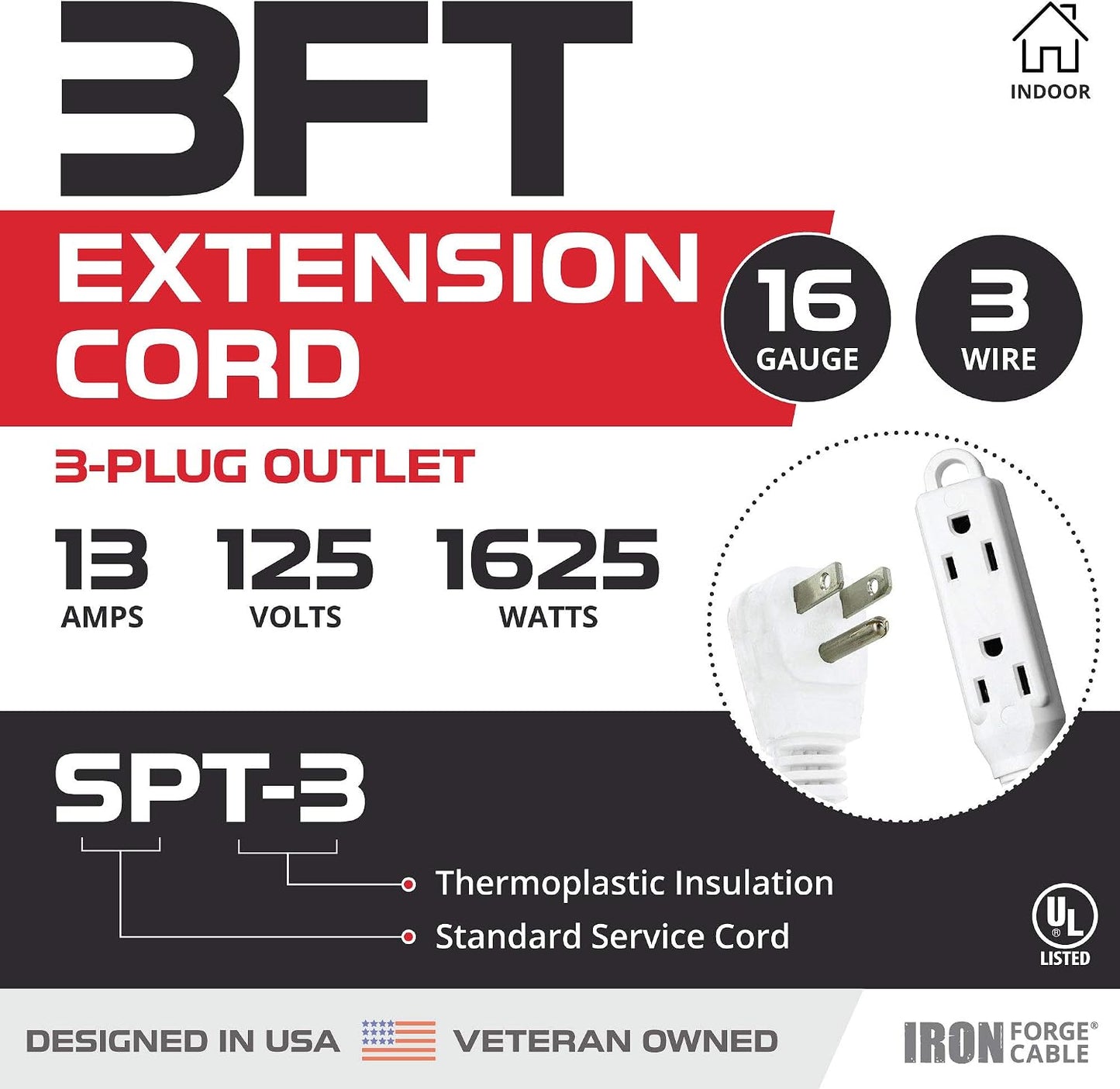 2 Cables Extensión 0.91m Con 3 Tomas 16/3 SJTW Blanco