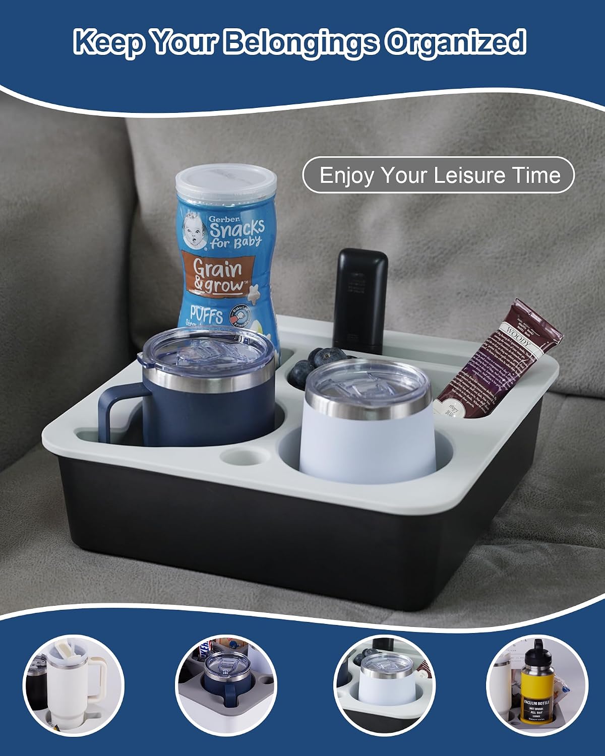 Bandeja soporte tazas sofá cama silicona antiderrames negro