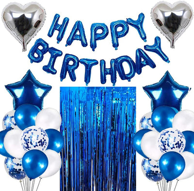 Juego decoración cumpleaños azul 38 globos confeti cortinas flecos