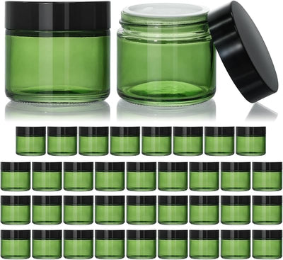 35 Tarros Vidrio 2oz con Tapas Negras para Cosméticos