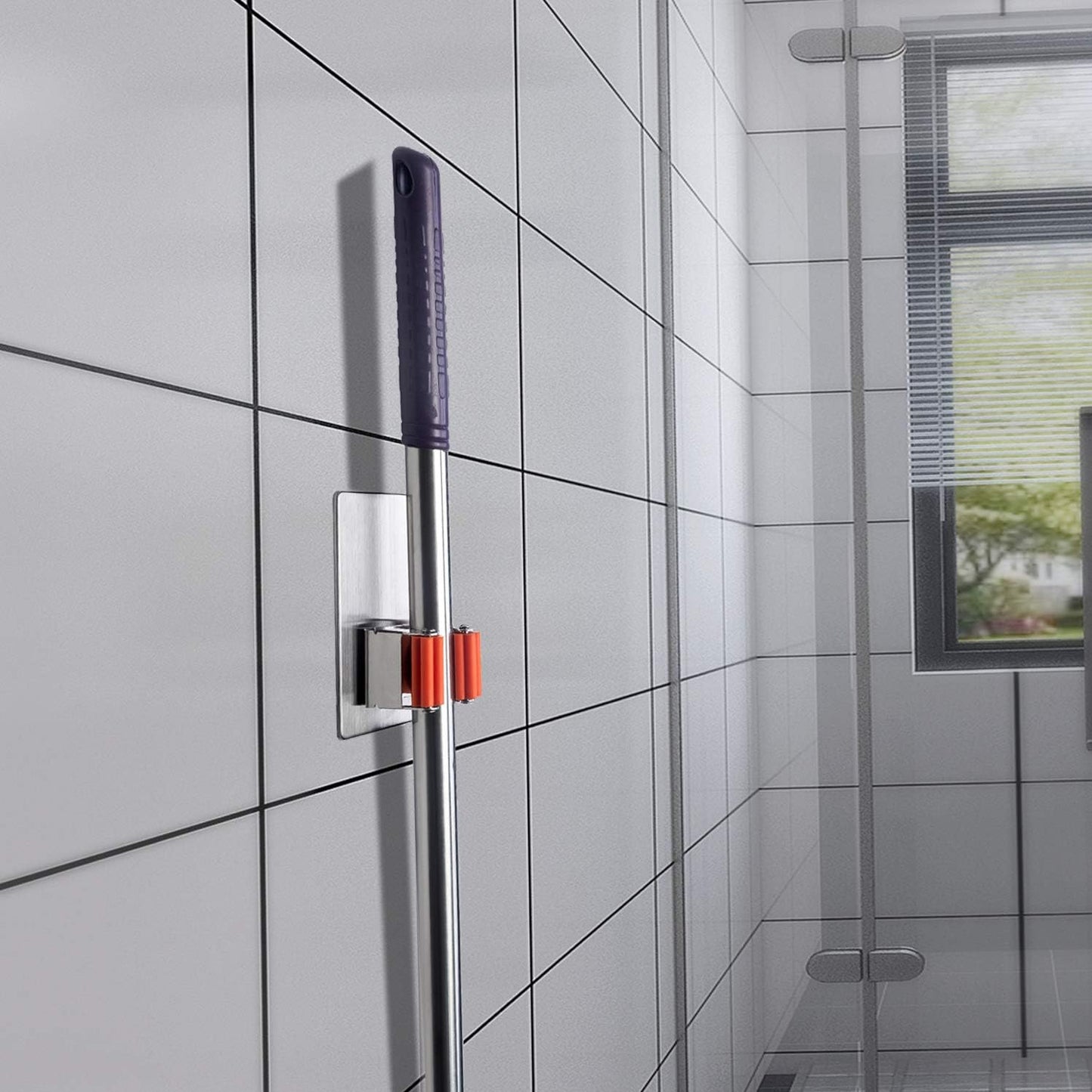 Soporte pared escoba 2 pzas acero inox naranja resistente