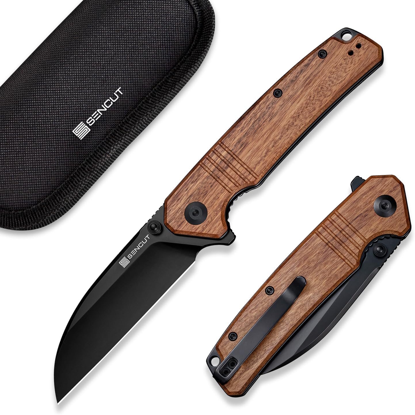 Cuchillo plegable EDC hoja 9Cr18MoV 3.46" mango madera