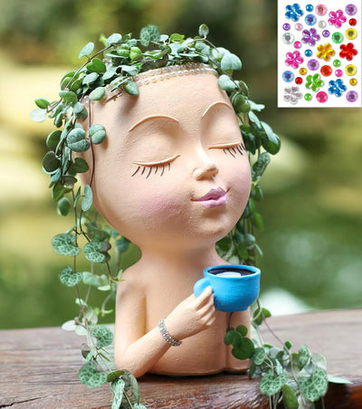 Maceta con Rostro para Plantas Resina con Drenaje Naranja