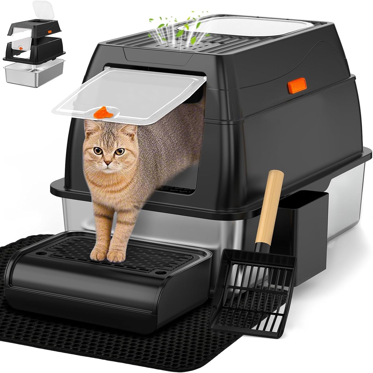 Caja arena acero inox con tapa entrada frontal XL para gatos