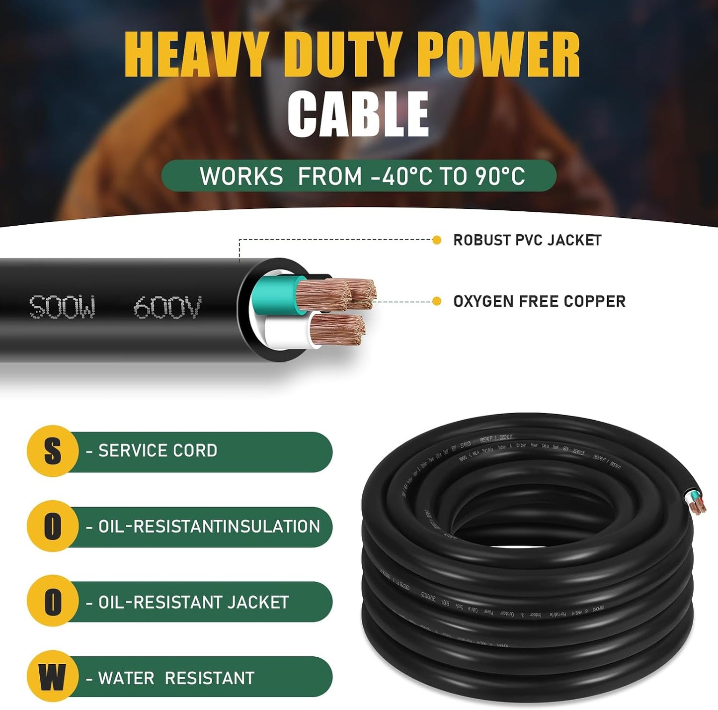 Cable SOOW 25ft 6 AWG 600V para soldador generador luces