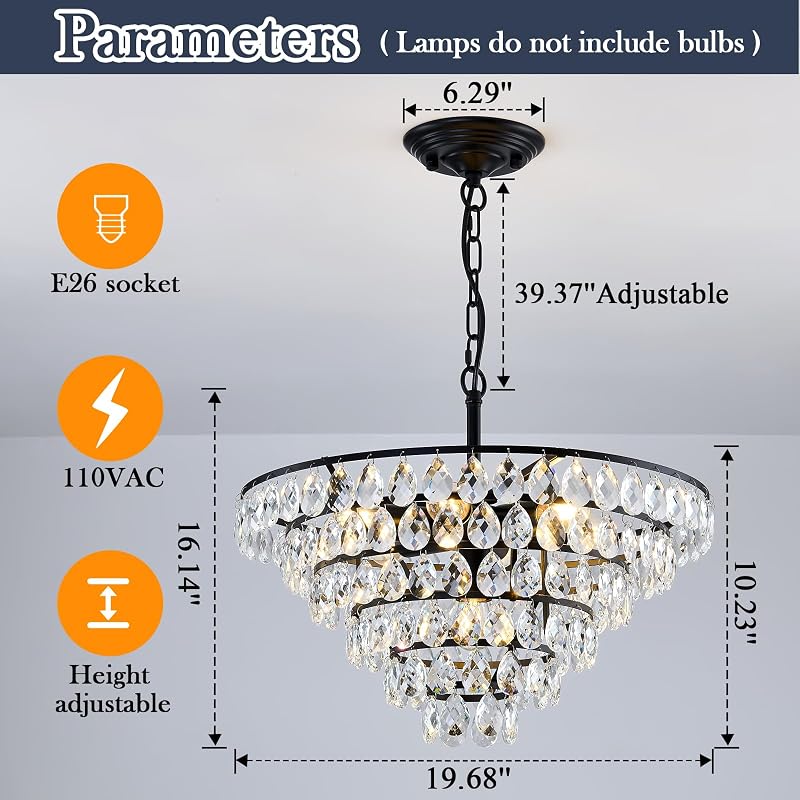 Candelabro cristal 7 luces 20pulg gota lluvia negro